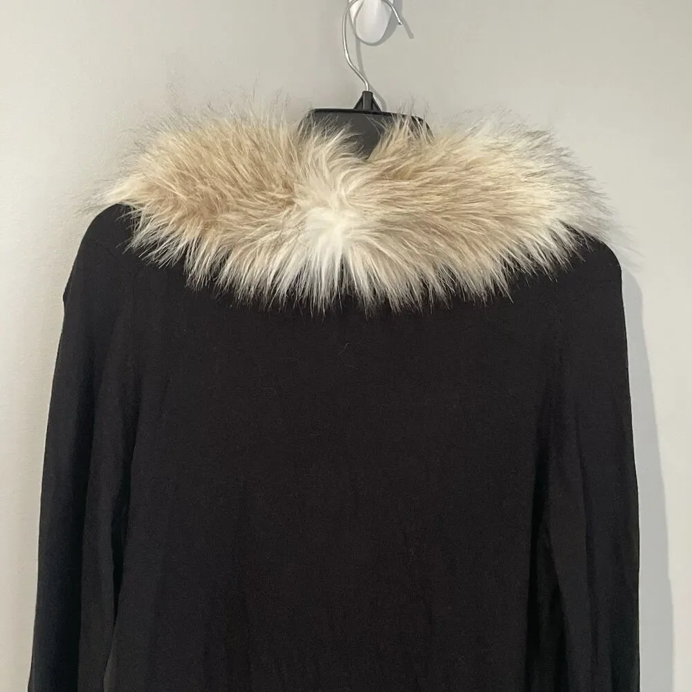 LOFT Faux Fur Collar Wool Blend Black Cardigan Size M Pockets Lightweight Button
